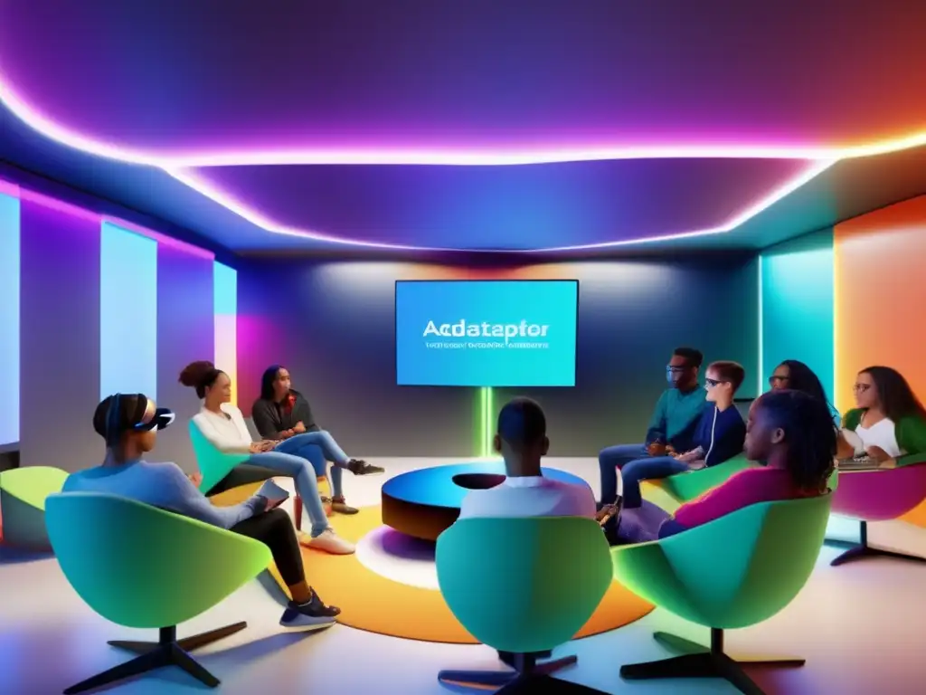 La educación del futuro: Aprendizaje personalizado y tecnología inmersiva Un aula futurista llena de colores vibrantes y tecnología interactiva, donde estudiantes diversos usan auriculares de realidad virtual para aprender de forma personalizada