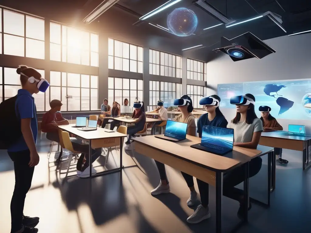 Un aula futurista llena de estudiantes con visores de realidad virtual, rodeados de contenido educativo holográfico