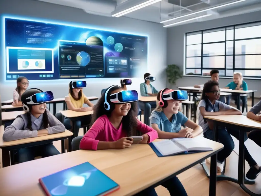 Un aula futurista llena de imágenes holográficas, modelos 3D interactivos y pantallas digitales vibrantes