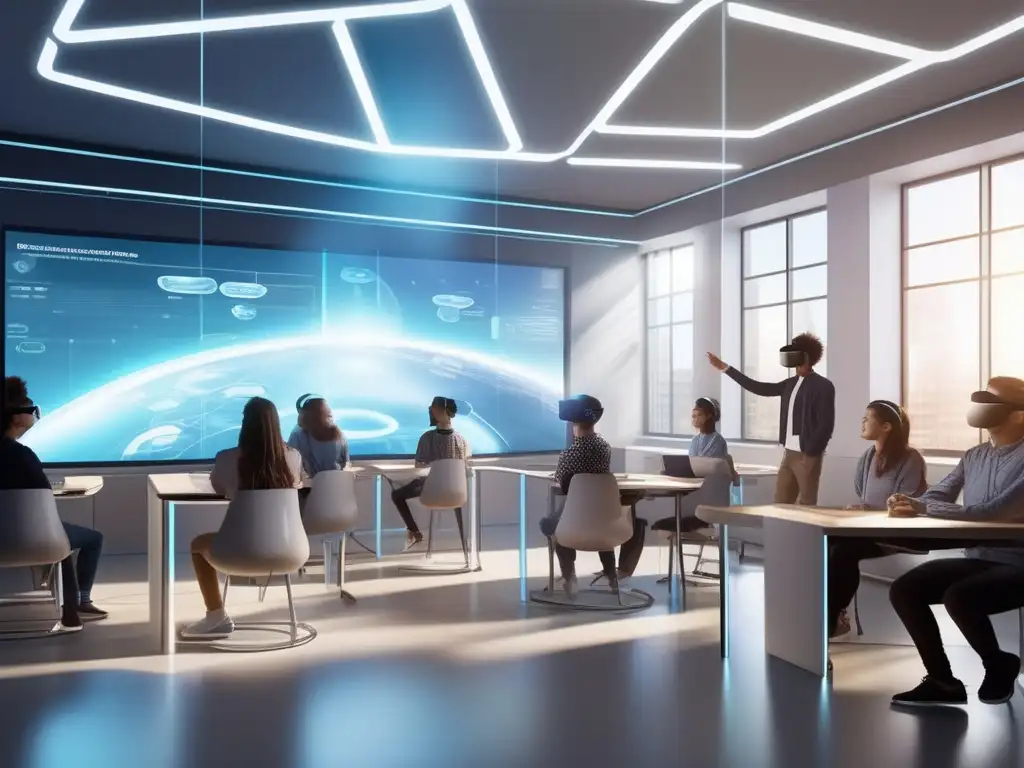La educación del futuro: aprendizaje personalizado con IA y realidad virtual Un aula futurista con paredes de cristal y displays interactivos de alta tecnología