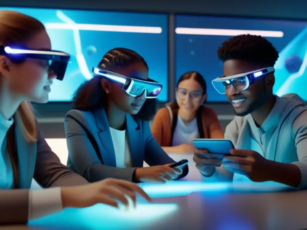 Revolución educativa: Estudiantes inmersos en realidad aumentada Un aula futurista de realidad aumentada muestra a estudiantes entusiasmados y concentrados, inmersos en una experiencia educativa vanguardista