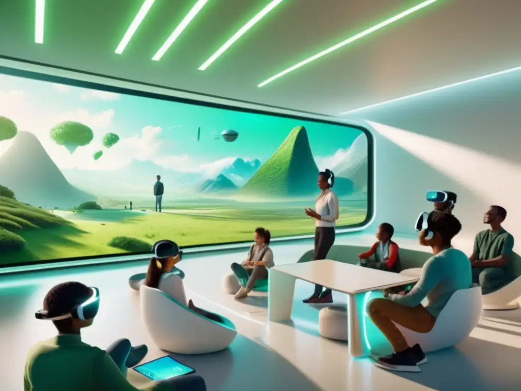 Un aula futurista con tecnología holográfica y ventanas panorámicas