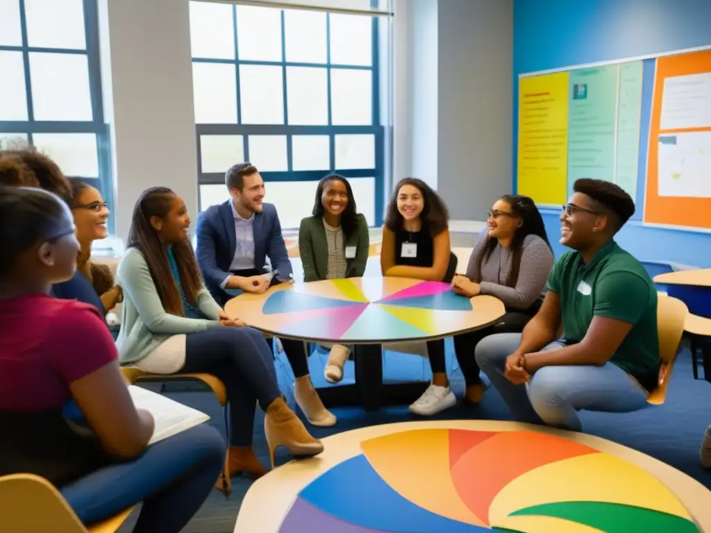 En un aula bien iluminada, estudiantes diversos participan activamente en una actividad de aprendizaje colaborativo Vygotsky ZDP