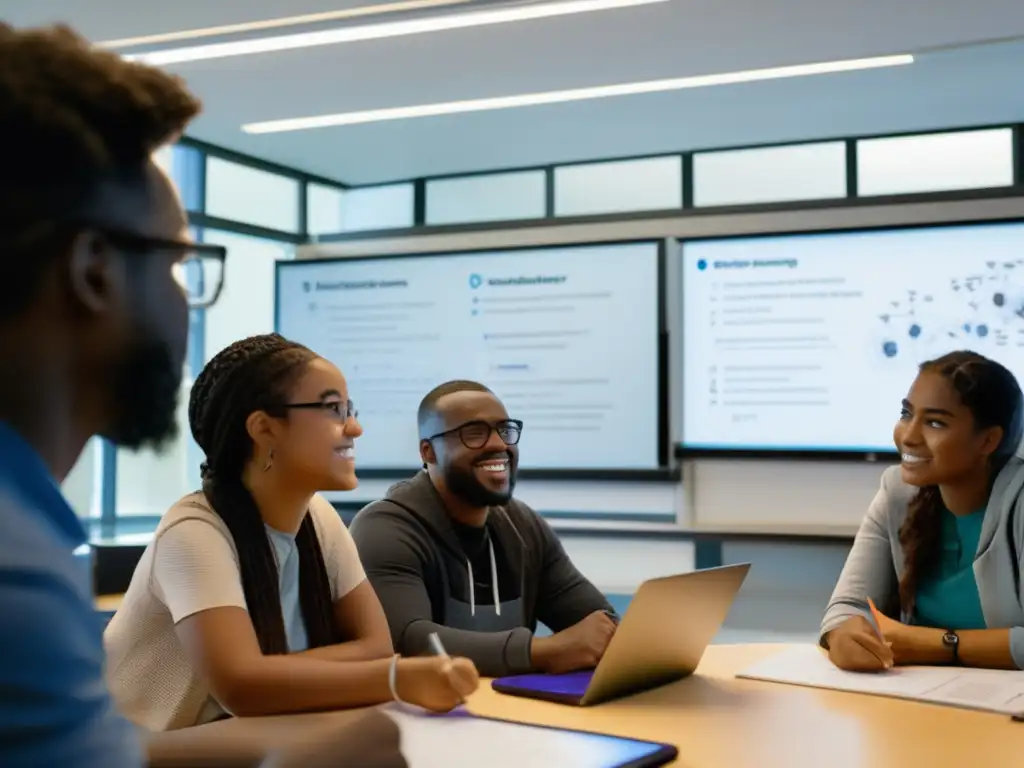 Un aula bien iluminada con estudiantes diversos participando activamente en una discusión sobre síntesis evolutiva moderna, ilustrada por un instructor en un tablero digital