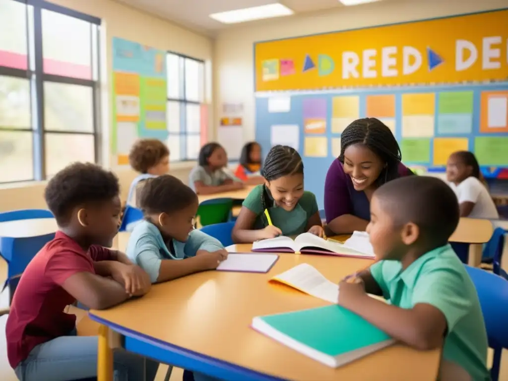 Un aula iluminada, llena de vida y color, donde estudiantes diversos participan activamente en actividades de lectoescritura