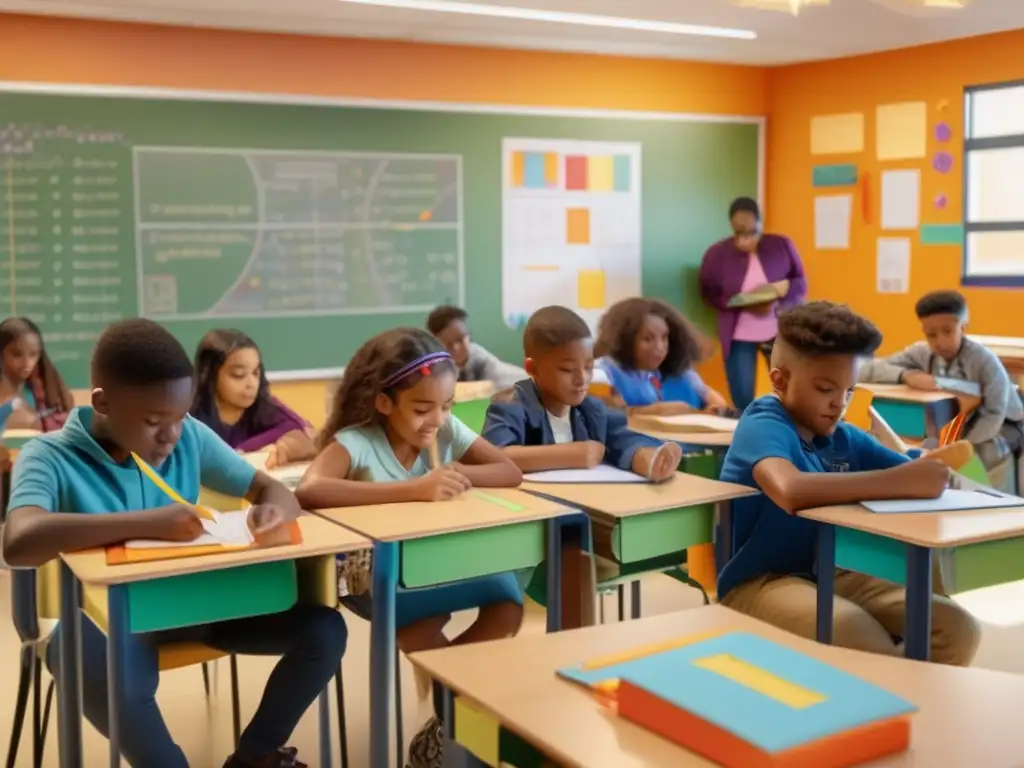 Un aula brillantemente iluminada llena de vida y color, donde estudiantes diversos participan activamente en una emocionante lección de geometría