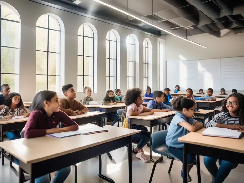 Un aula iluminada y vibrante, donde estudiantes y profesora se conectan emocionalmente, resaltando la importancia de las emociones en el aprendizaje según Goleman