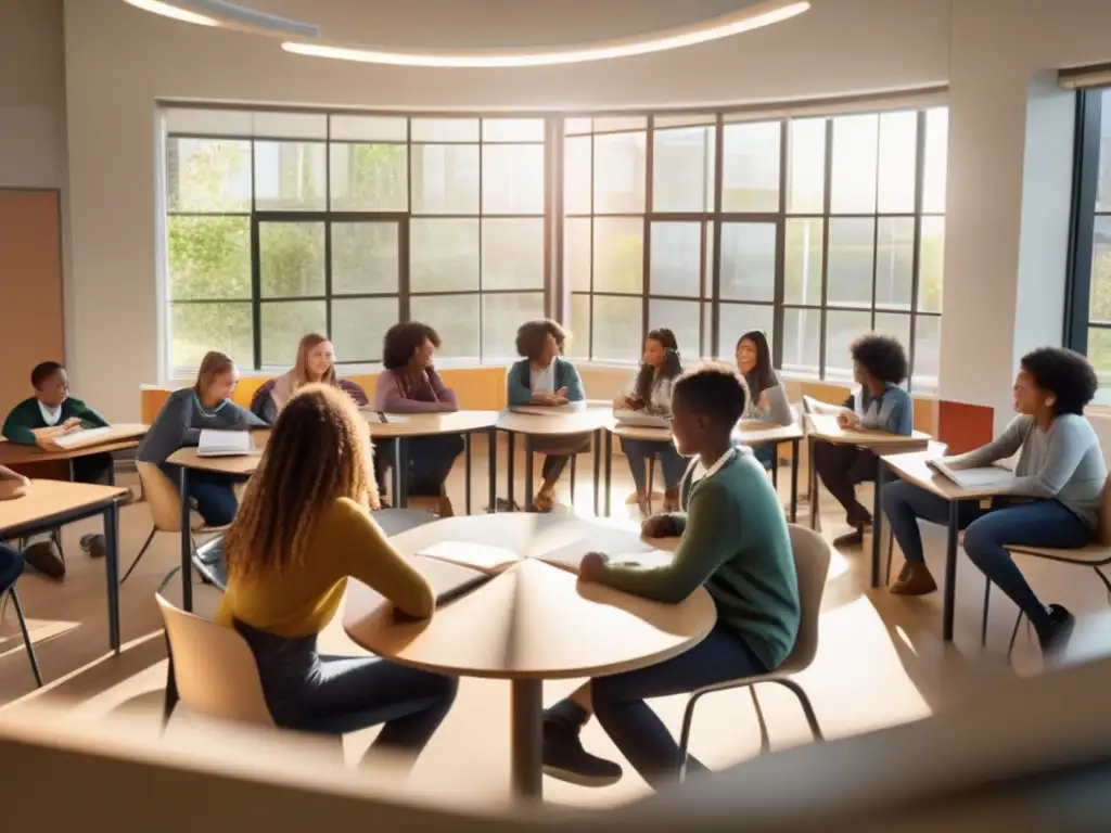 Un aula inclusiva y colaborativa con estudiantes participando activamente en diversas actividades de aprendizaje