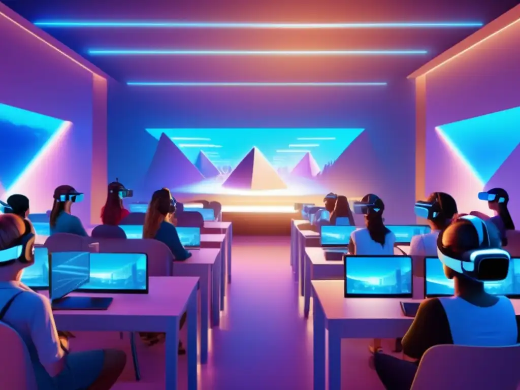 Estudiantes inmersos en un mundo virtual de aprendizaje y colaboración Un aula llena de estudiantes con auriculares de realidad virtual, inmersos en un entorno virtual vibrante y futurista