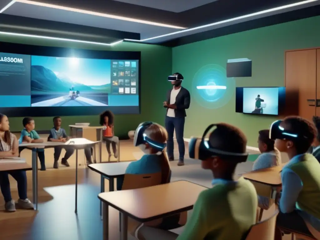 Un aula llena de estudiantes usando auriculares de realidad virtual, interactuando con material educativo holográfico