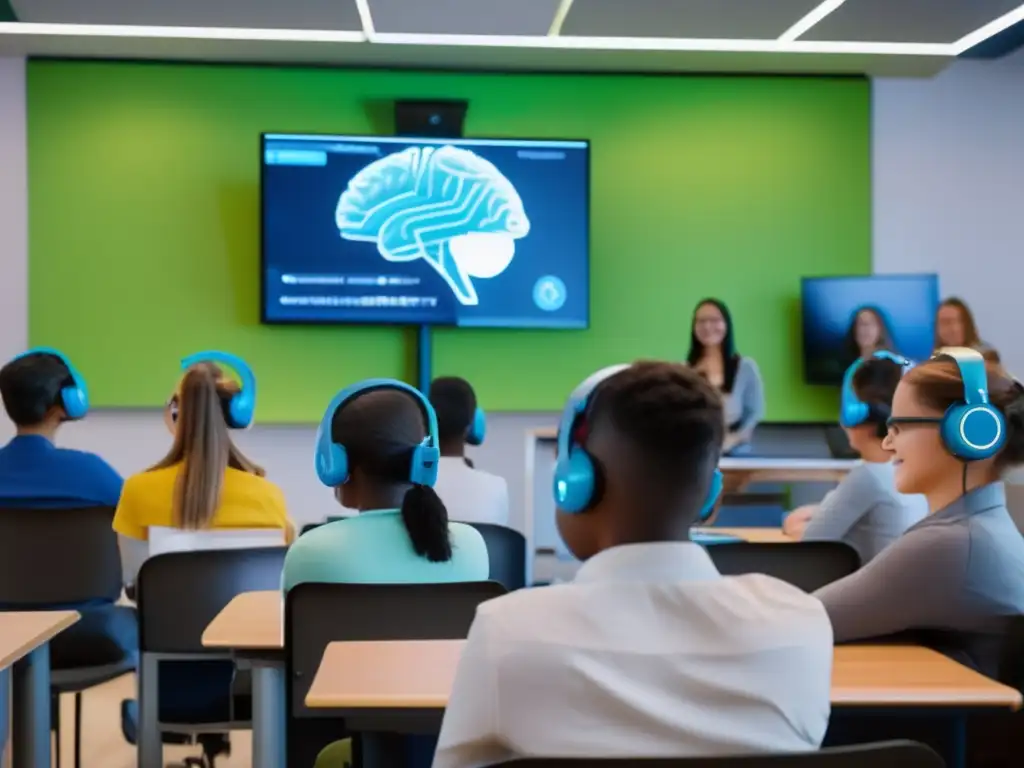 Un aula llena de estudiantes comprometidos, usando auriculares que monitorean su actividad cerebral mientras participan activamente en una lección