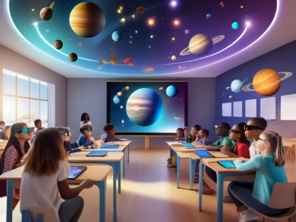 Descubre el futuro de la educación: Realidad Aumentada en el aula Un aula llena de estudiantes usando gafas de realidad aumentada exploran el sistema solar