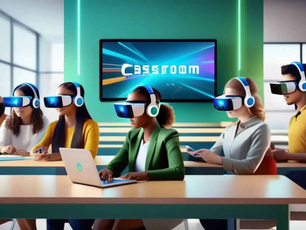 Un aula llena de estudiantes usando visores de realidad aumentada, inmersos en un entorno educativo virtual