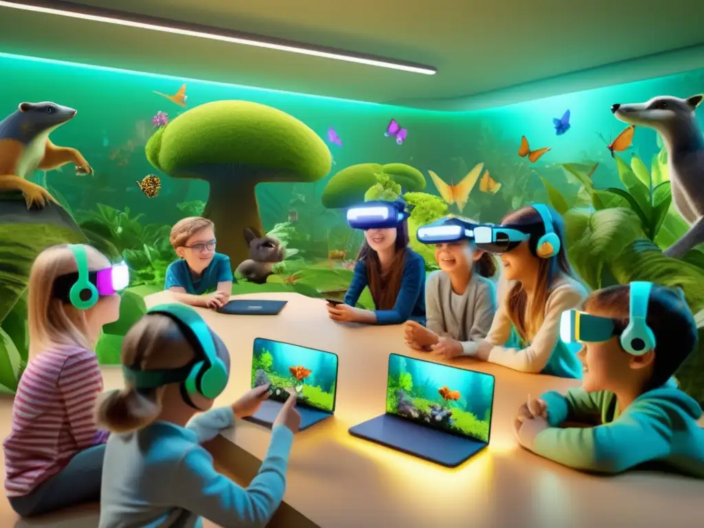 Un aula llena de niños entusiasmados, usando auriculares de realidad aumentada para explorar un bosque digital interactivo