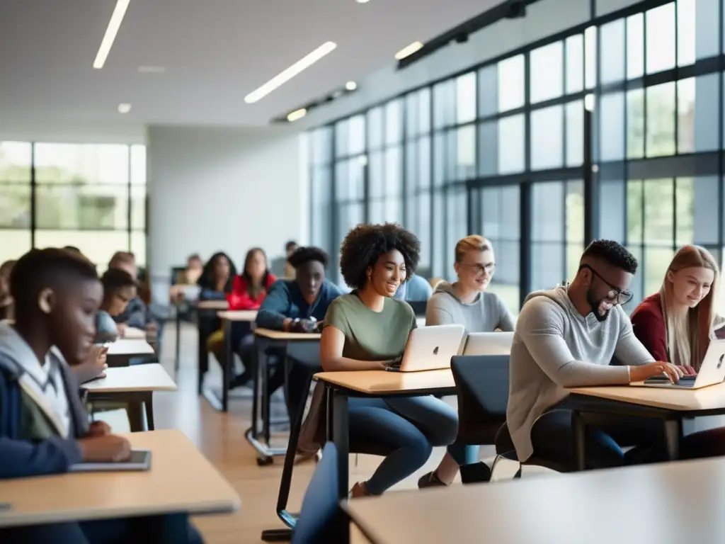 Un aula luminosa con estudiantes diversos, inmersos en la tecnología