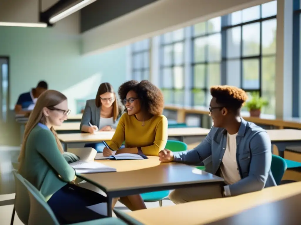 Un aula luminosa, llena de vida y aprendizaje, donde estudiantes participan en una tutoría de Biología General