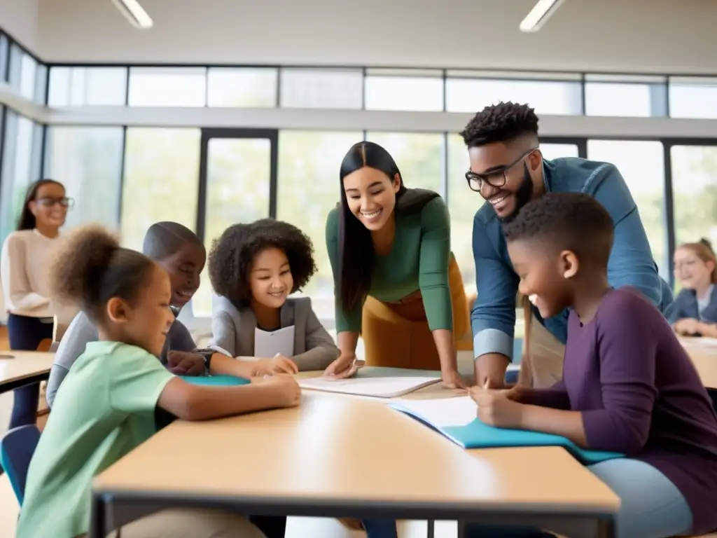 Un aula luminosa y moderna donde estudiantes diversos colaboran en actividades de aprendizaje