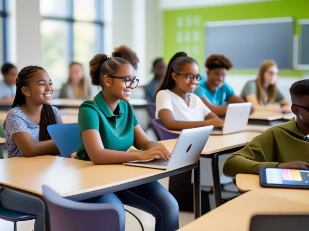 Un aula luminosa y moderna donde estudiantes diversos colaboran y discuten conceptos matemáticos