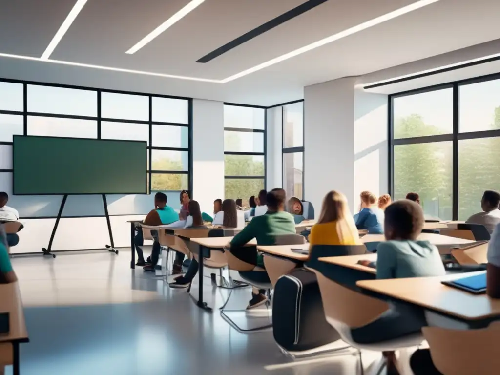 Un aula luminosa y moderna, donde la tecnología educativa potencia la colaboración y el entusiasmo de los estudiantes