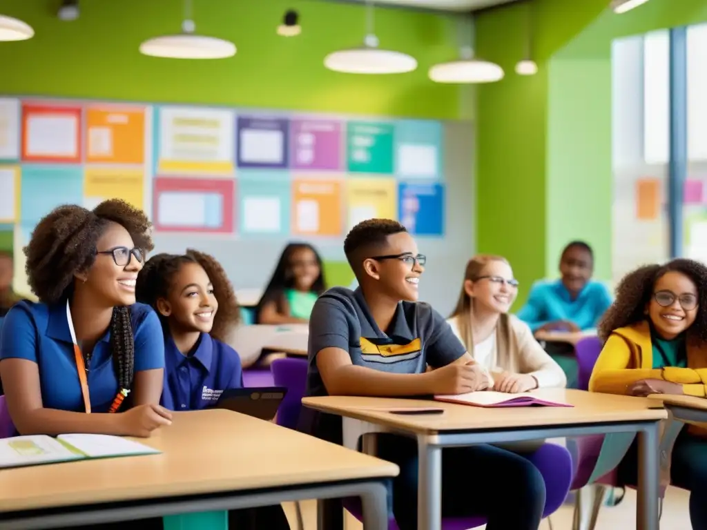 Un aula moderna y acogedora donde estudiantes diversos utilizan herramientas digitales para una educación inclusiva