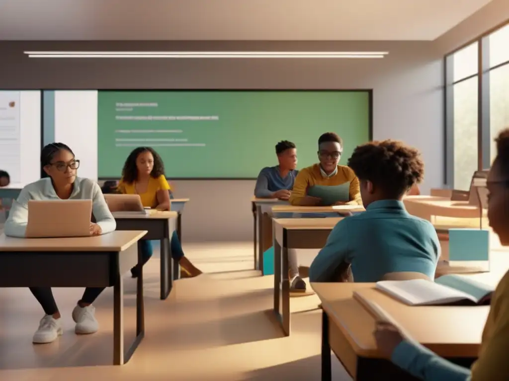 Un aula moderna bañada en luz natural muestra estudiantes diversos aplicando técnicas de enseñanza de la neurociencia en la lectura