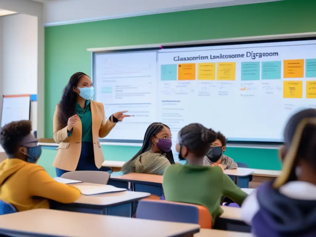 Un aula moderna y brillante donde estudiantes participan activamente, destacando el impacto educativo de la pandemia COVID19