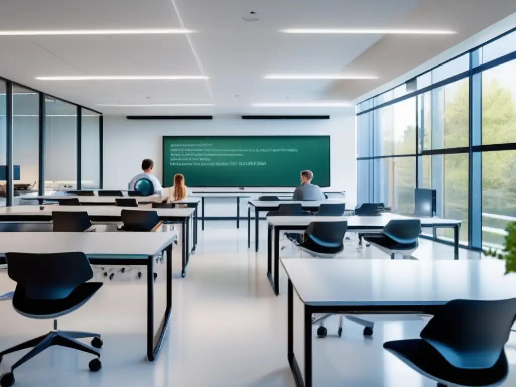 Un aula de biología moderna con elegantes paredes blancas y amplias ventanas que permiten la entrada de luz natural