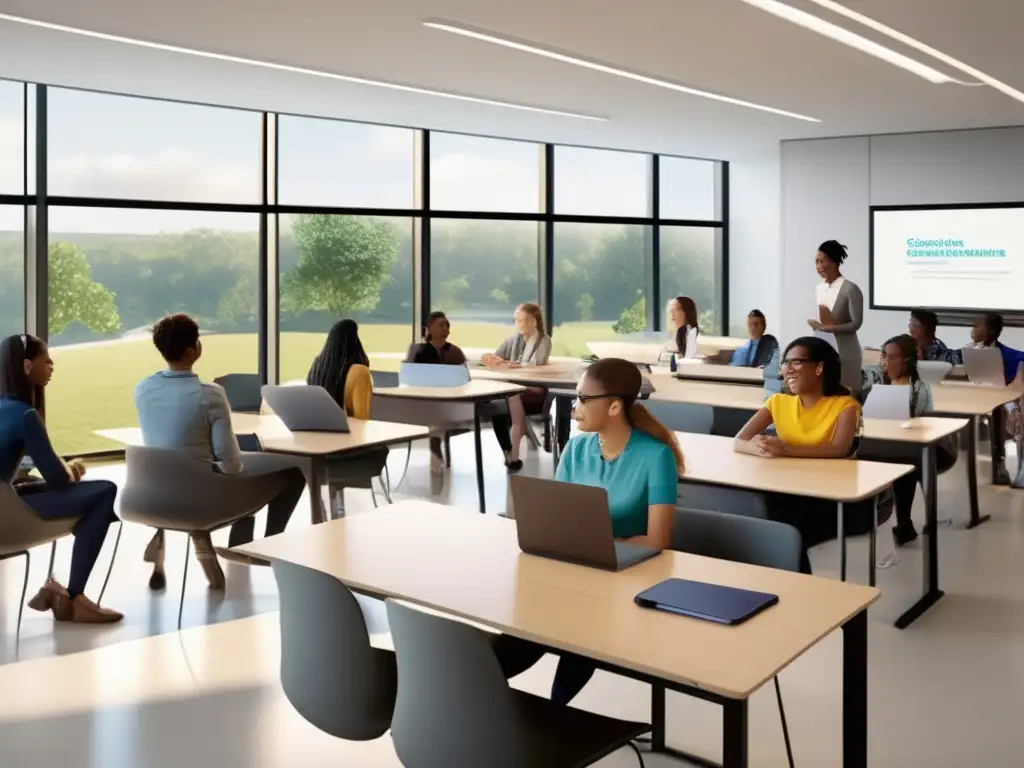 Un aula moderna y espaciosa con estudiantes activamente involucrados en actividades de aprendizaje