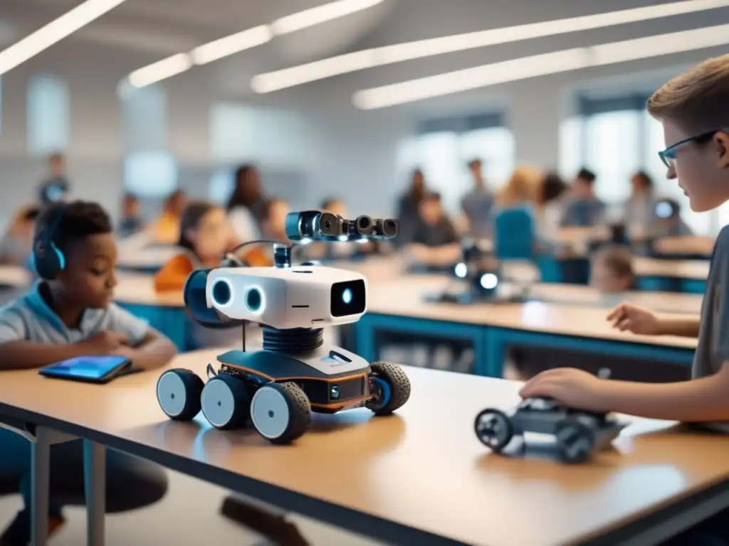 Revolution educativa: Alumnos de todas las edades crean, programan y exploran robots en un aula futurista Un aula moderna y espaciosa llena de emoción, donde estudiantes de diferentes edades trabajan juntos en proyectos de robótica