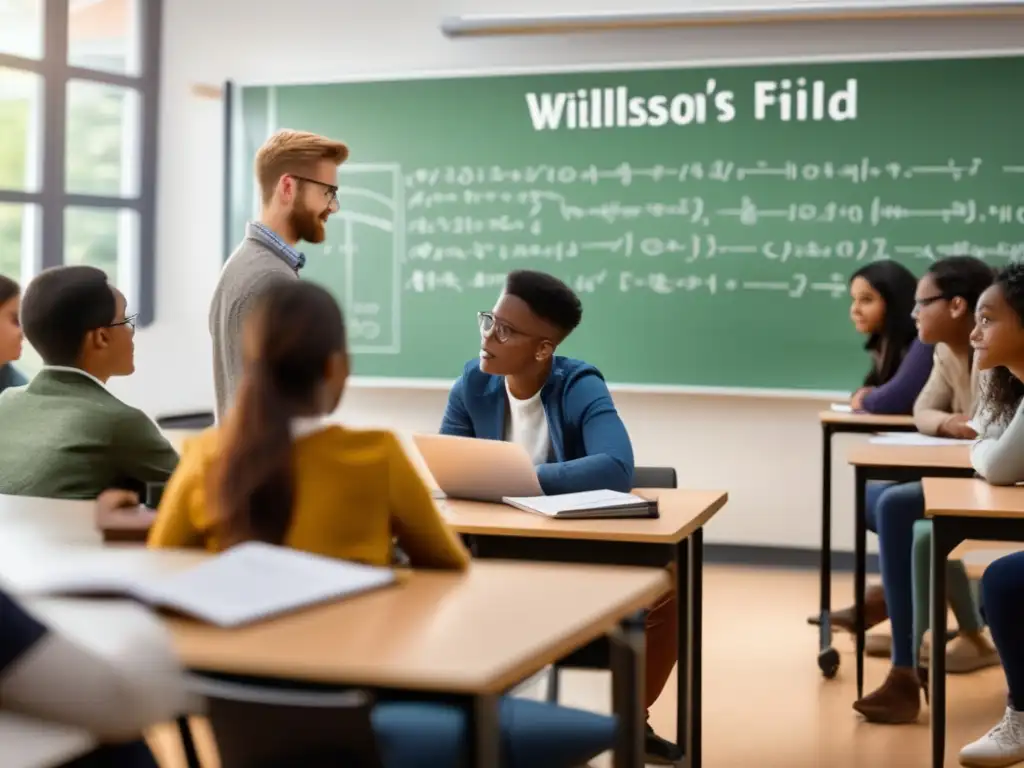 Un aula moderna con estudiantes diversos y un tutor entusiasta, aplicaciones del Teorema de Wilson en matemática contemporánea