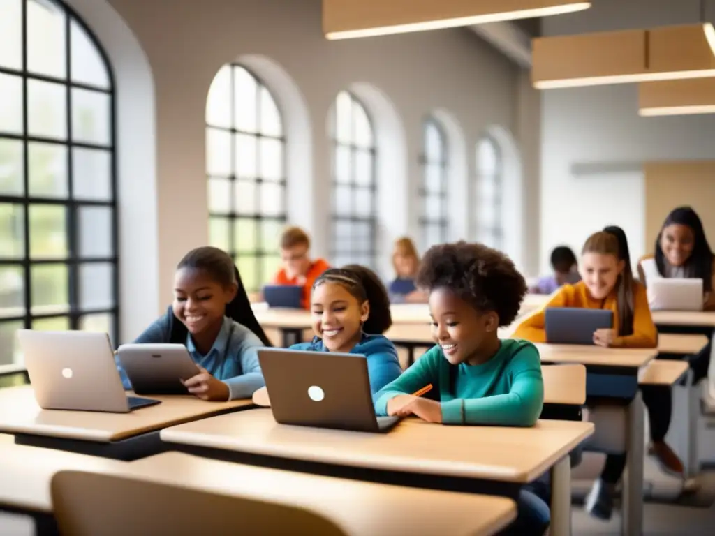 Un aula moderna con estudiantes entusiasmados y enfocados en actividades de aprendizaje interactivo en sus dispositivos