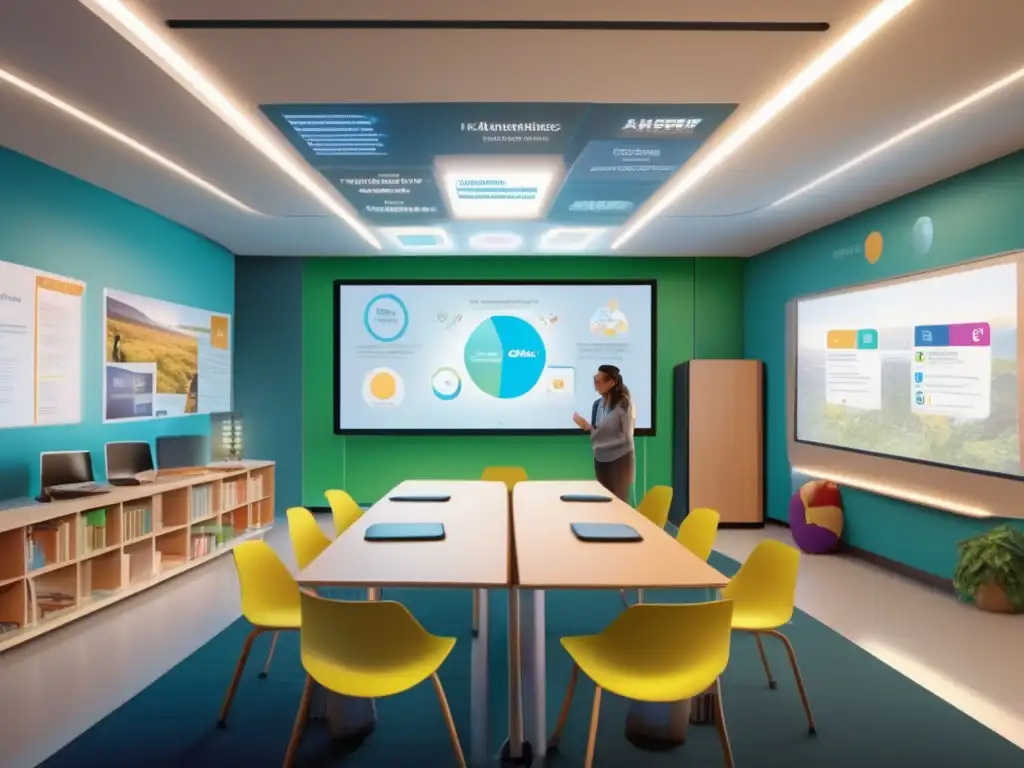 Un aula moderna con estudiantes inmersos en experiencias de aprendizaje aumentado en realidad virtual