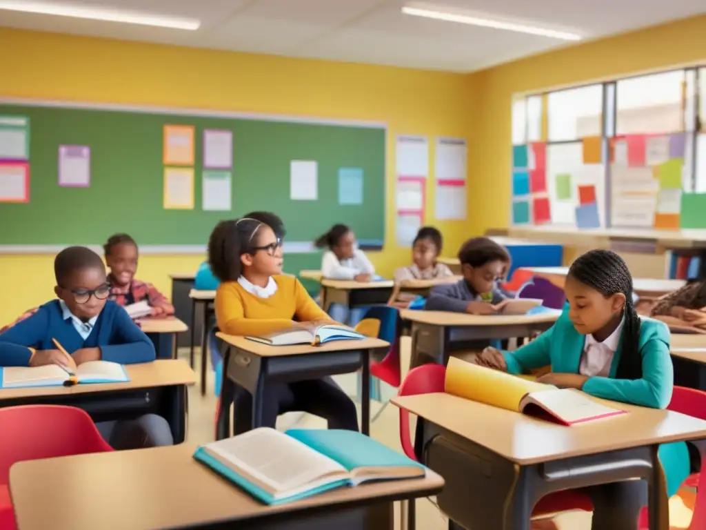 Un aula moderna donde estudiantes están inmersos en una actividad de lectura