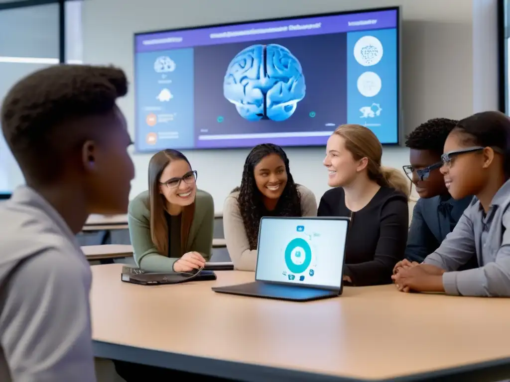 Un aula moderna con estudiantes diversos participando en una intervención neurocientífica