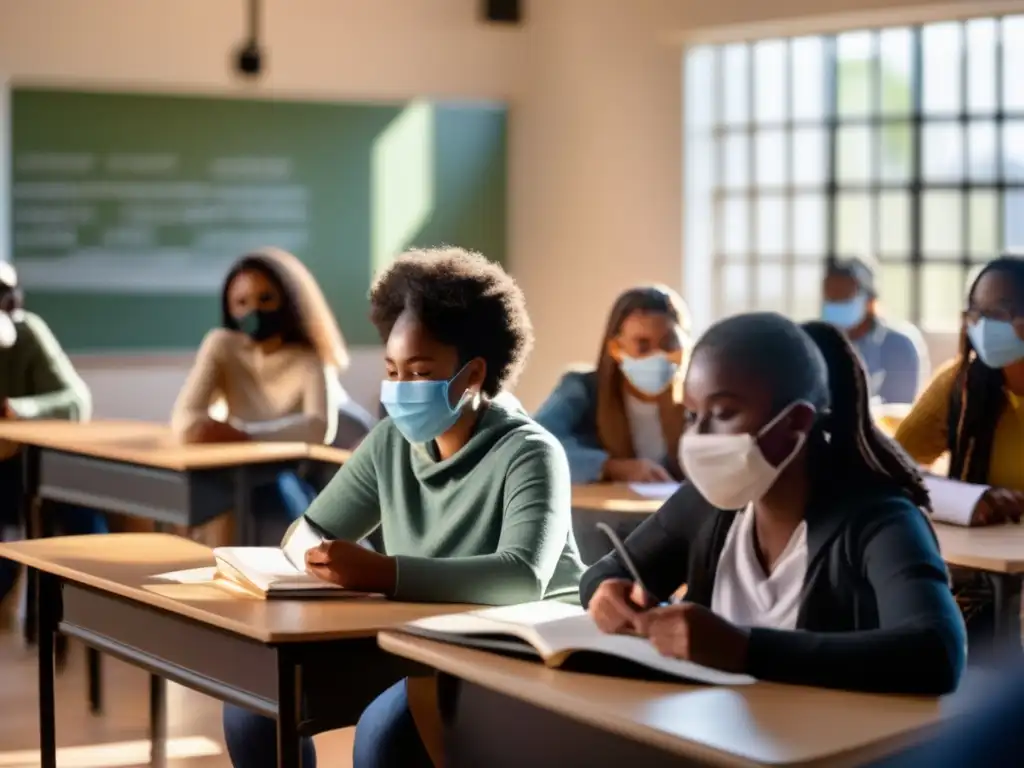 Un aula moderna con estudiantes diversos usando mascarillas, distanciados y enfocados en sus estudios