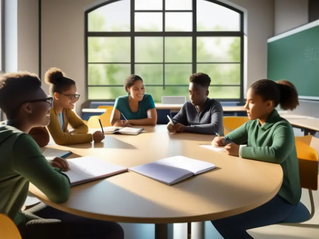 Un aula moderna con estudiantes diversos resolviendo problemas matemáticos