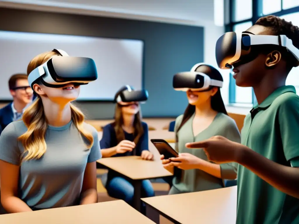 Un aula moderna donde los estudiantes exploran la Realidad Aumentada