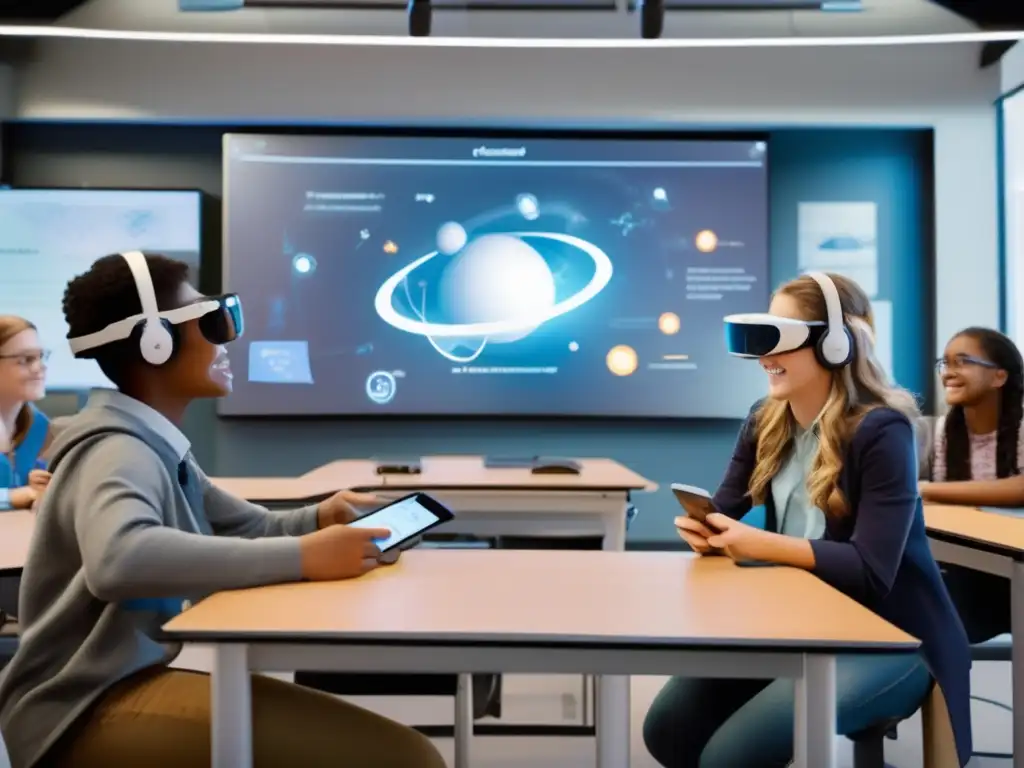 Descubre la fascinante fusión de física interactiva y realidad aumentada en el aula Un aula moderna con estudiantes usando simulaciones de física en realidad aumentada