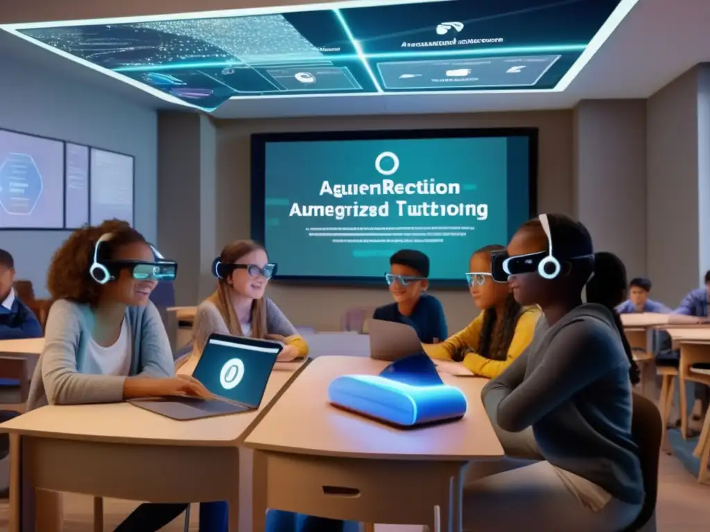 Un aula moderna y futurista donde los estudiantes disfrutan de experiencias de aprendizaje inmersivas con realidad aumentada