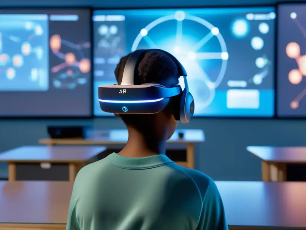 Revolutionary AR en el aula: aprendizaje 3D sorprendente En un aula moderna, iluminada suavemente, un estudiante usa un elegante visor de RA