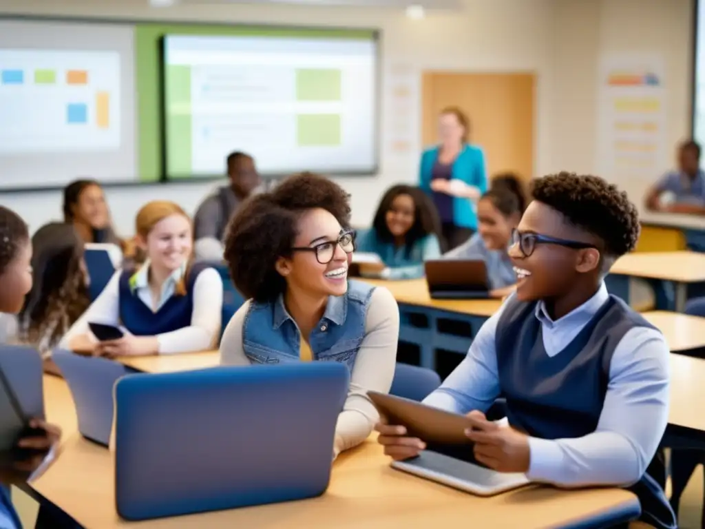 Un aula moderna llena de energía, donde estudiantes diversos participan con entusiasmo y curiosidad