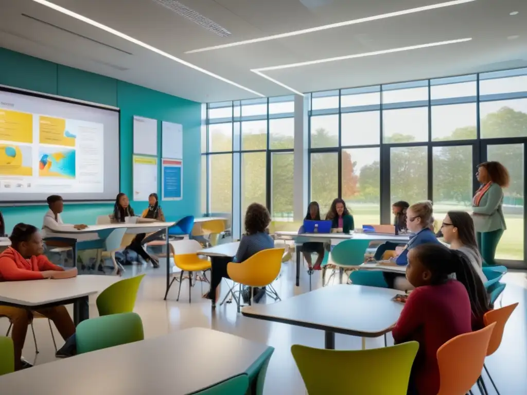 Un aula moderna llena de estudiantes comprometidos, bañada en luz natural y equipada con mobiliario contemporáneo