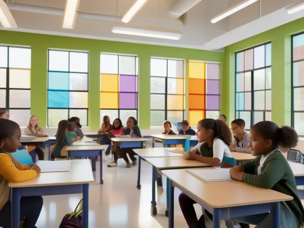 Un aula moderna llena de estudiantes diversos, participando en actividades de aprendizaje interactivo y colaborativo