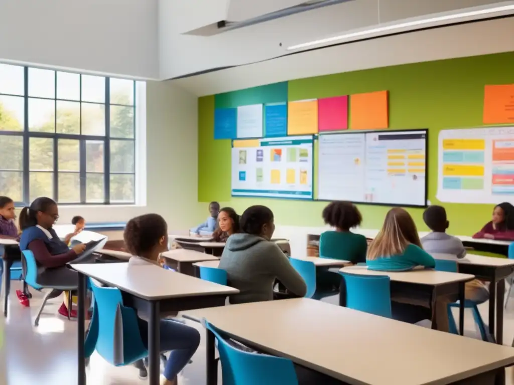 Un aula moderna llena de estudiantes inmersos en aprendizaje activo