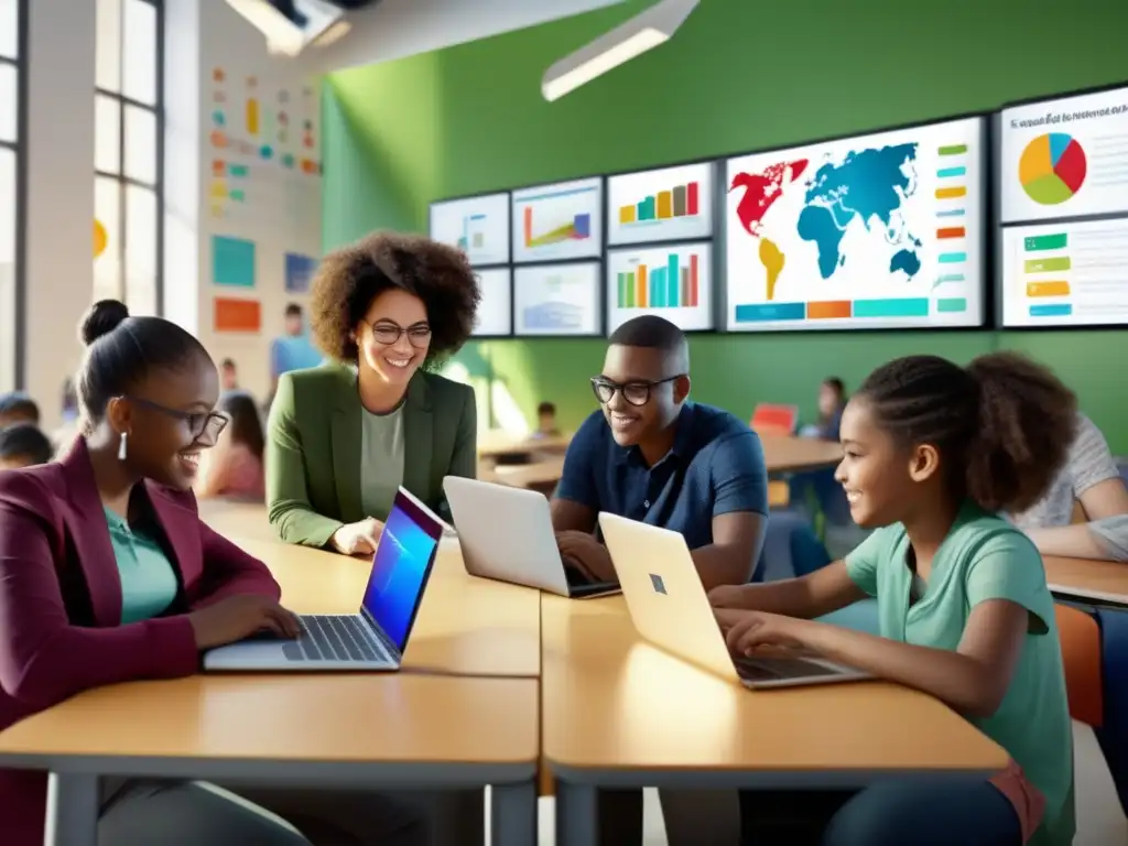 Un aula moderna llena de estudiantes diversos usando tecnología para aprender juntos