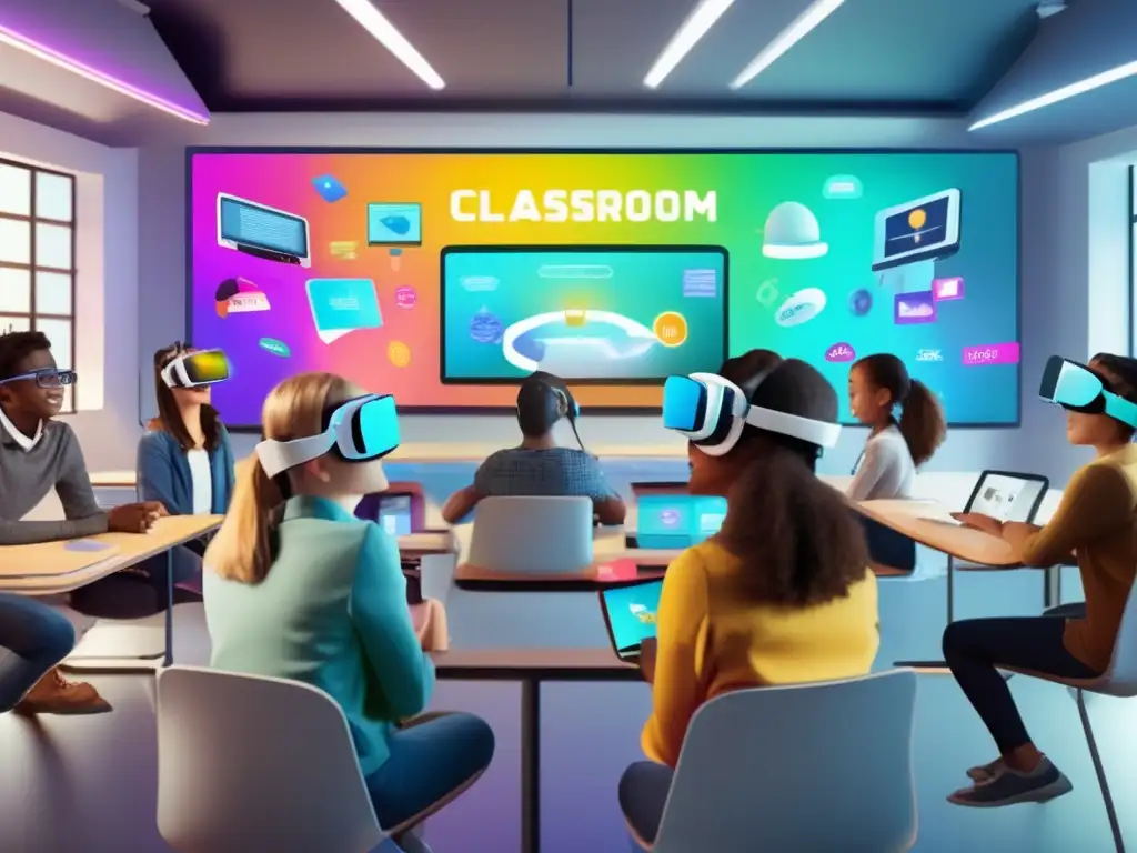 Un aula moderna llena de estudiantes usando auriculares de realidad aumentada