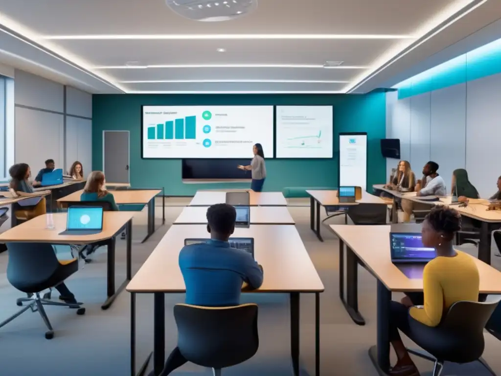 Innovación educativa: Aula moderna con tecnología avanzada y estudiantes participando activamente Una aula moderna de 8k llena de estudiantes participando en discusiones grupales y actividades interactivas