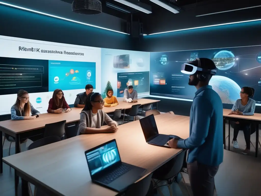 Un aula moderna llena de estudiantes con auriculares de realidad aumentada, inmersos en una experiencia de aprendizaje interactiva