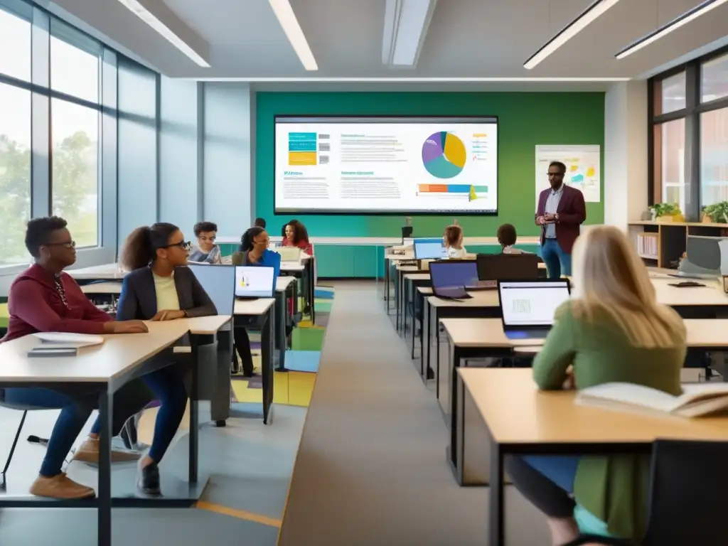 Una aula moderna, llena de estudiantes inmersos en discusiones académicas