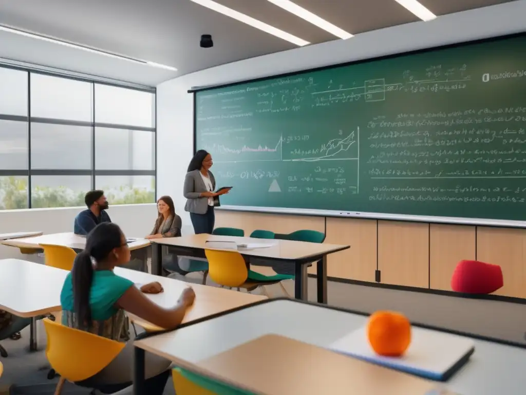 Un aula moderna llena de estudiantes entusiasmados, un profesor explicando cálculo diferencial en una pizarra interactiva